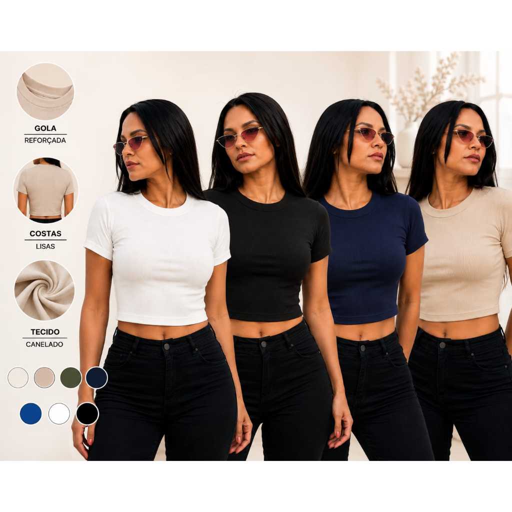 Kit com até 4 Croppeds Canelados Femininos Básicos golinha redonda blusinha curta canelada