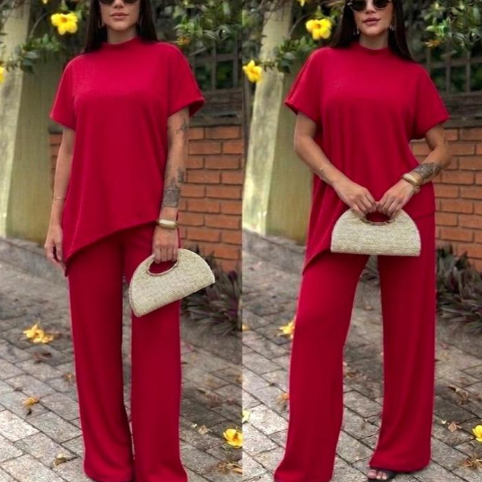 Conjunto Assimétrico Anaruga gola alta elegante e confortavel Calça Pantalona com Bolso na laterais