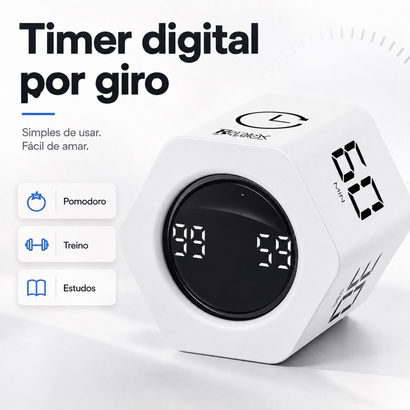 Timer Digital Por Giro Pomodoro Alarme e Vibração