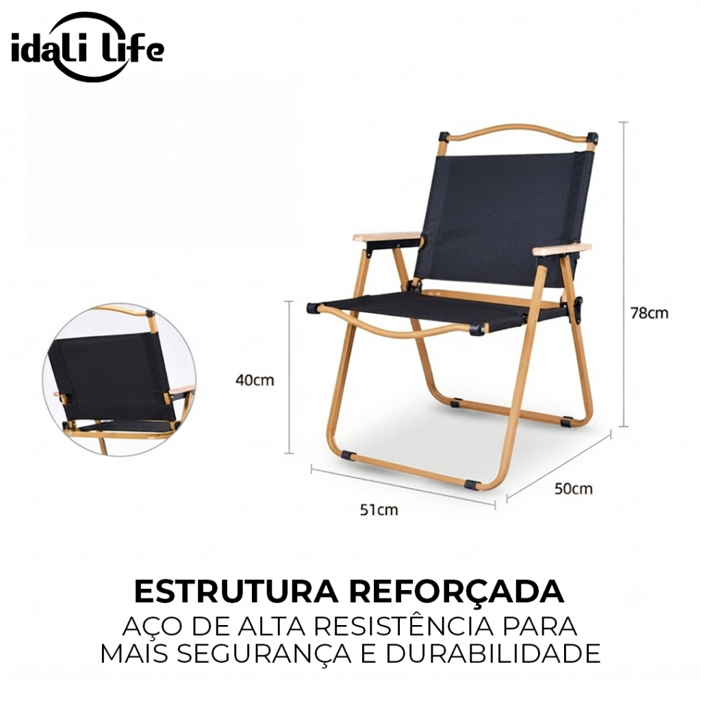 Cadeira Dobrável Portátil Reforçada Preta em Aço Bege Até 150kg Camping Praia Pesca IDALI LIFE · foto 2