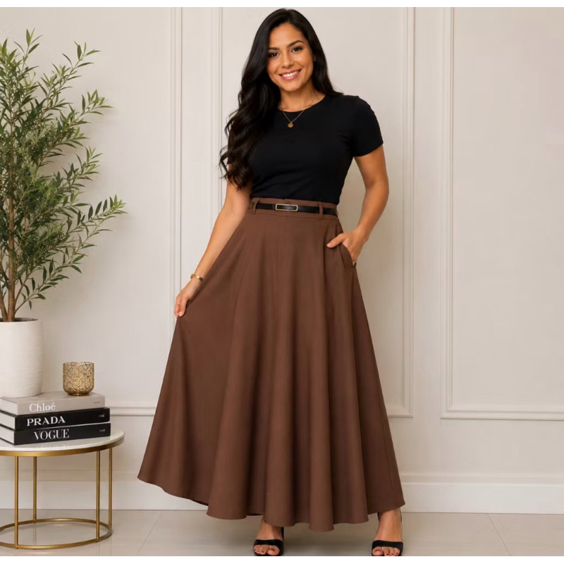 SAIA RODADA LONGA FEMININA ALFAIATARIA MODA EVANGÉLICA CASUAL BÁSICA INVERNO CINTURA ALTA ELEGANTE TENDÊNCIA — imagem 2 de 2