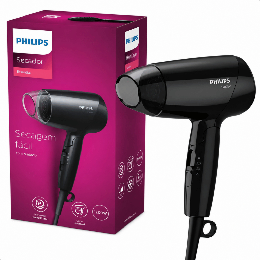 Secador De Cabelo Portátil Dobrável Mini Pequeno Para Viagem 1200w Philips BHC010 Cabe Na Bolsa 127V 220V