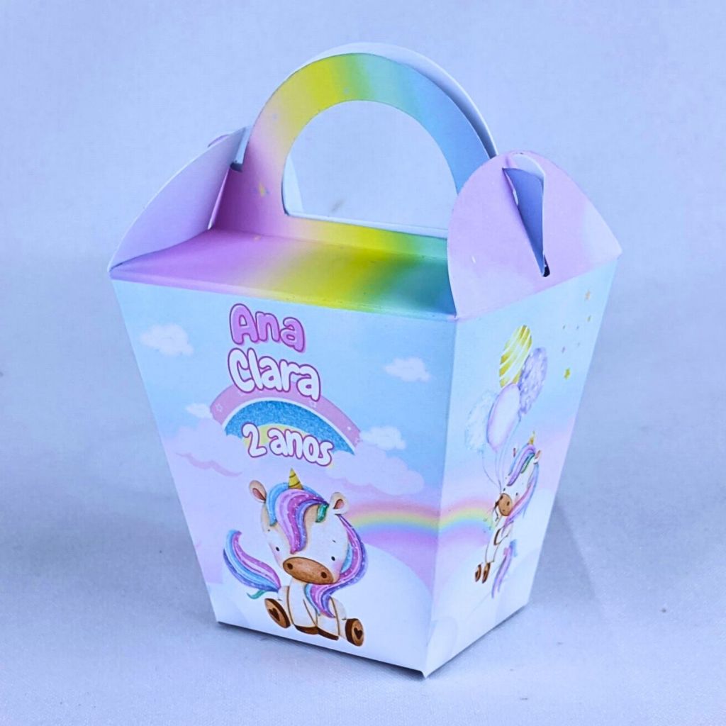Kit 10 a 80 Caixinhas Sushi Com Alça Unicórnio Colorido Personalizada Para Lembrancinha Infantil de Festa Aniversario