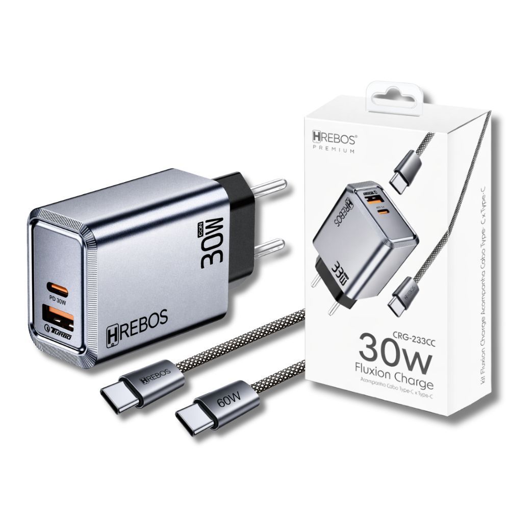Carregador Fonte Turbo PD 30W Duplo USB C e USB Para Smartphone Celular Tablet Gan Hrebos CRG-233C