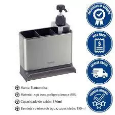 Organizador de Pia Aço Inox Tramontina Plurale em polipropileno e Abs Bandeja coletora capacidade sabão 370ml