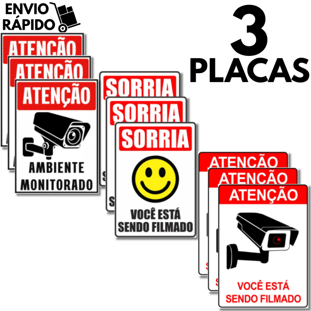 3 Placas Decorativas Ambiente Monitorado 24 Horas Sinalização Com Fita Dupla Face 20x30cm