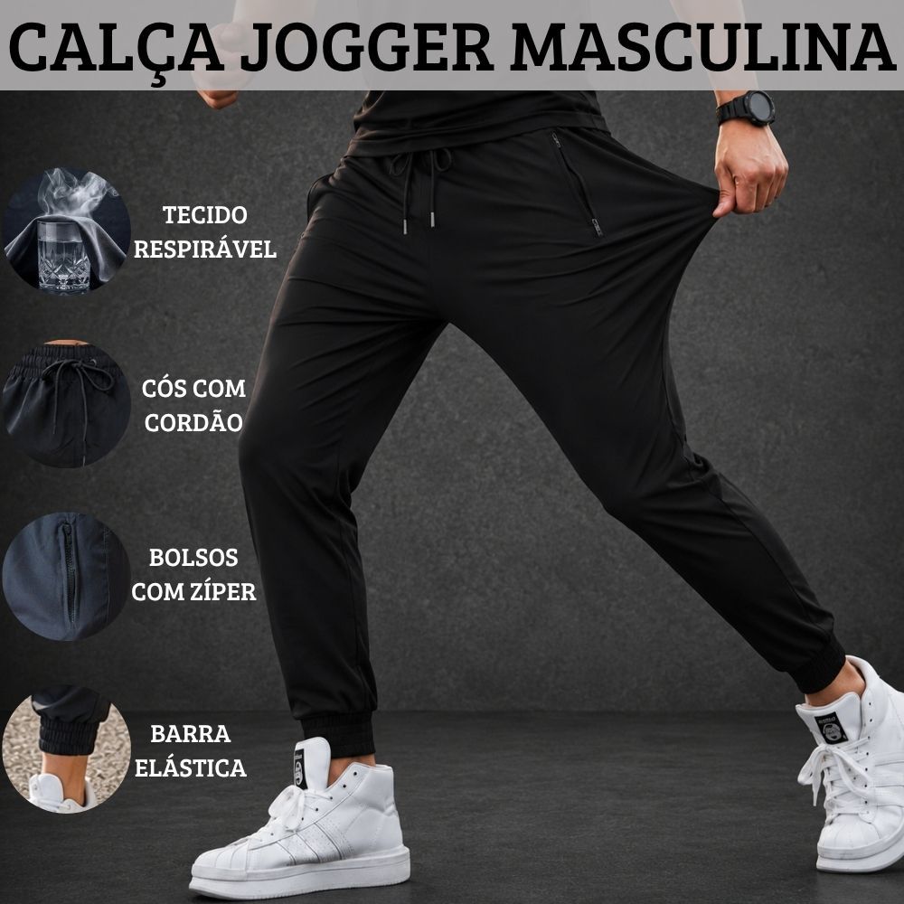 Calça Jogger Masculina Tactel com Elastano Bolso com Zíper Cós Elástico e Barra Ajustada