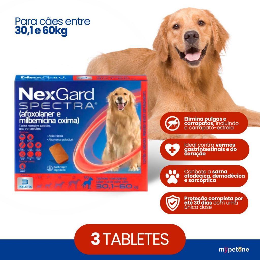 NexGard Spectra para Cães 30,1 a 60kg Antipulgas e Carrapatos - 3 Tabletes
