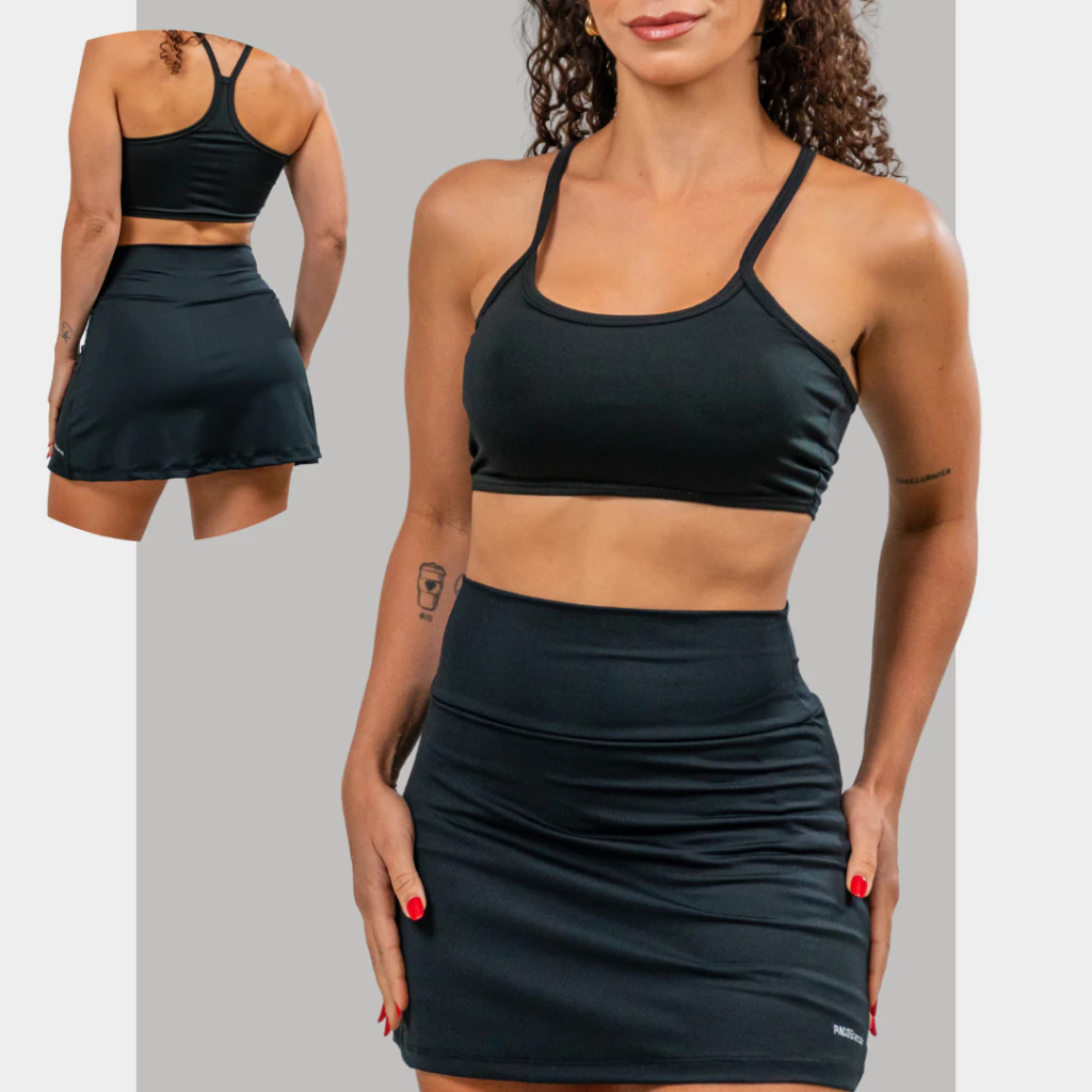 Conjunto Academia Top Nadador + Short Saia com 2 Bolsos Ocultos para celular/fones/chaves