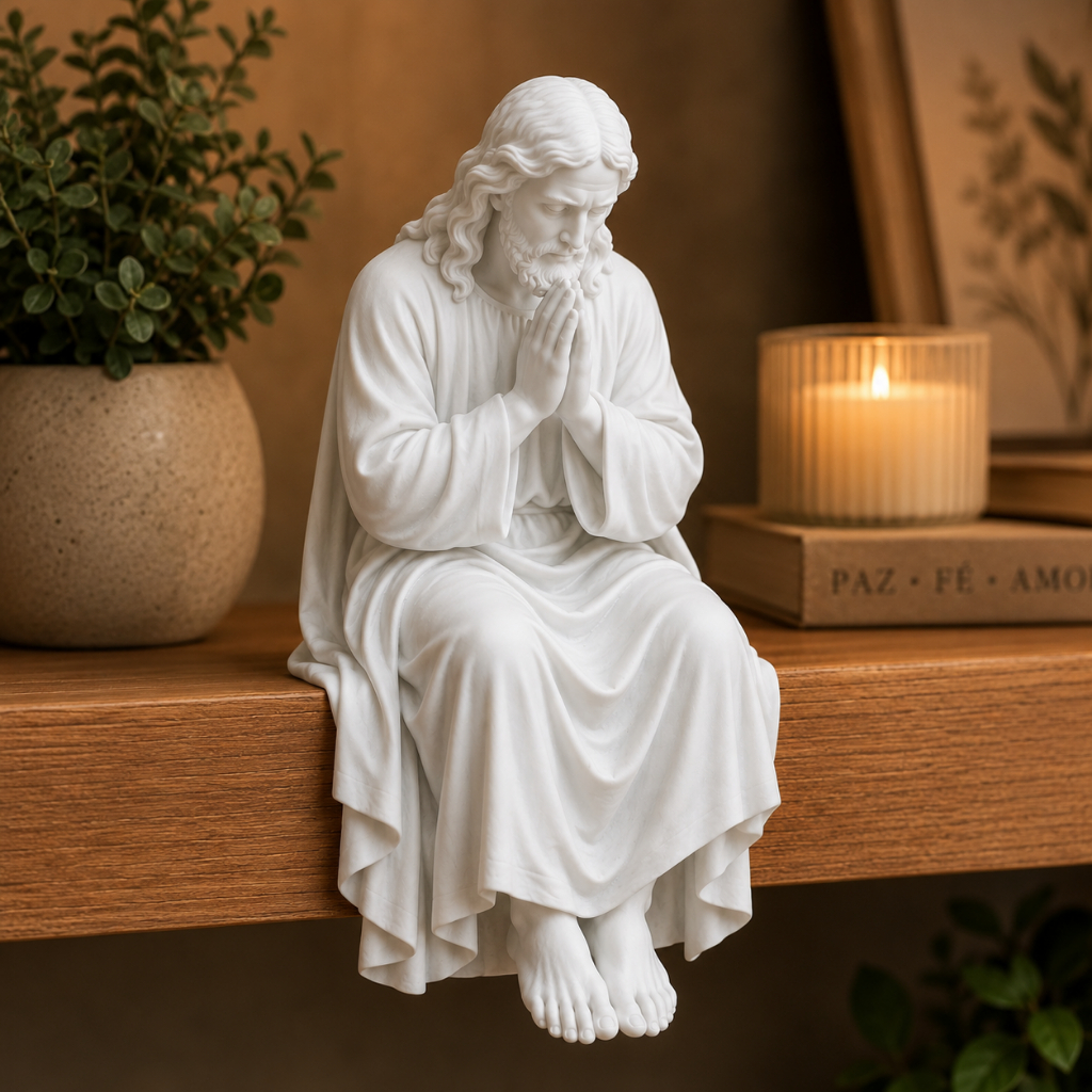 Estátua Jesus Orando Sentado Decorativo para Prateleira 10cm