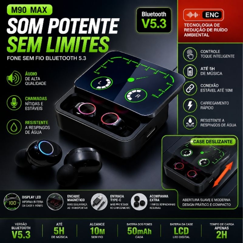 Fone Bluetooth M90 Max 5.3 Altomex com Display LED Case Deslizante TWS Sem Fio Microfone Touch Preto