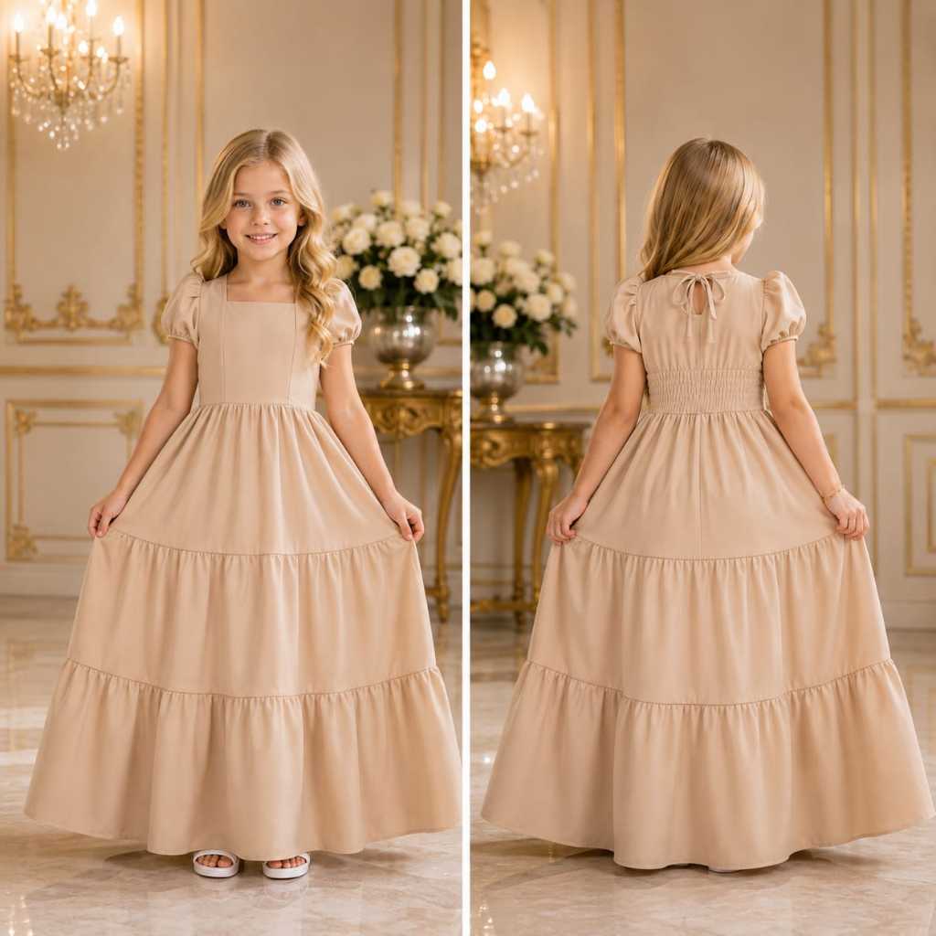 Vestido Infantil e Juvenil longo manga curta em Alfaiataria Premium três Marias