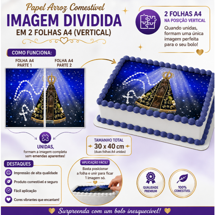 Nossa Senhora Aparecida Papel arroz comestível com a imagem dividida em 2 folhas tamanho 30 x 40 cm