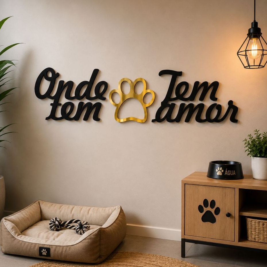 Quadros Decorativo Onde Tem Pet Tem Amor Mdf Preto Para Decoração Petshop de Animais