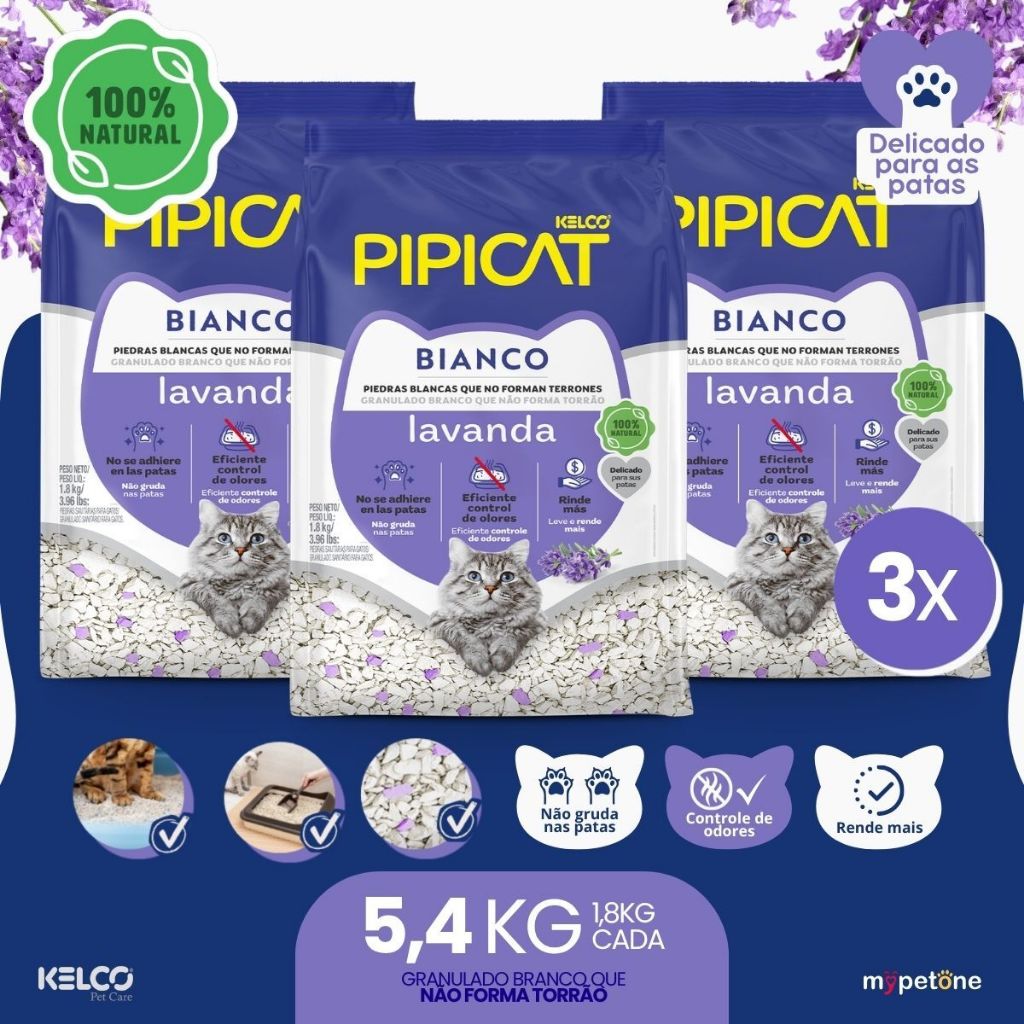 Kit 3 Pipicat Bianco Lavanda Granulado Sanitária - 1,8Kg