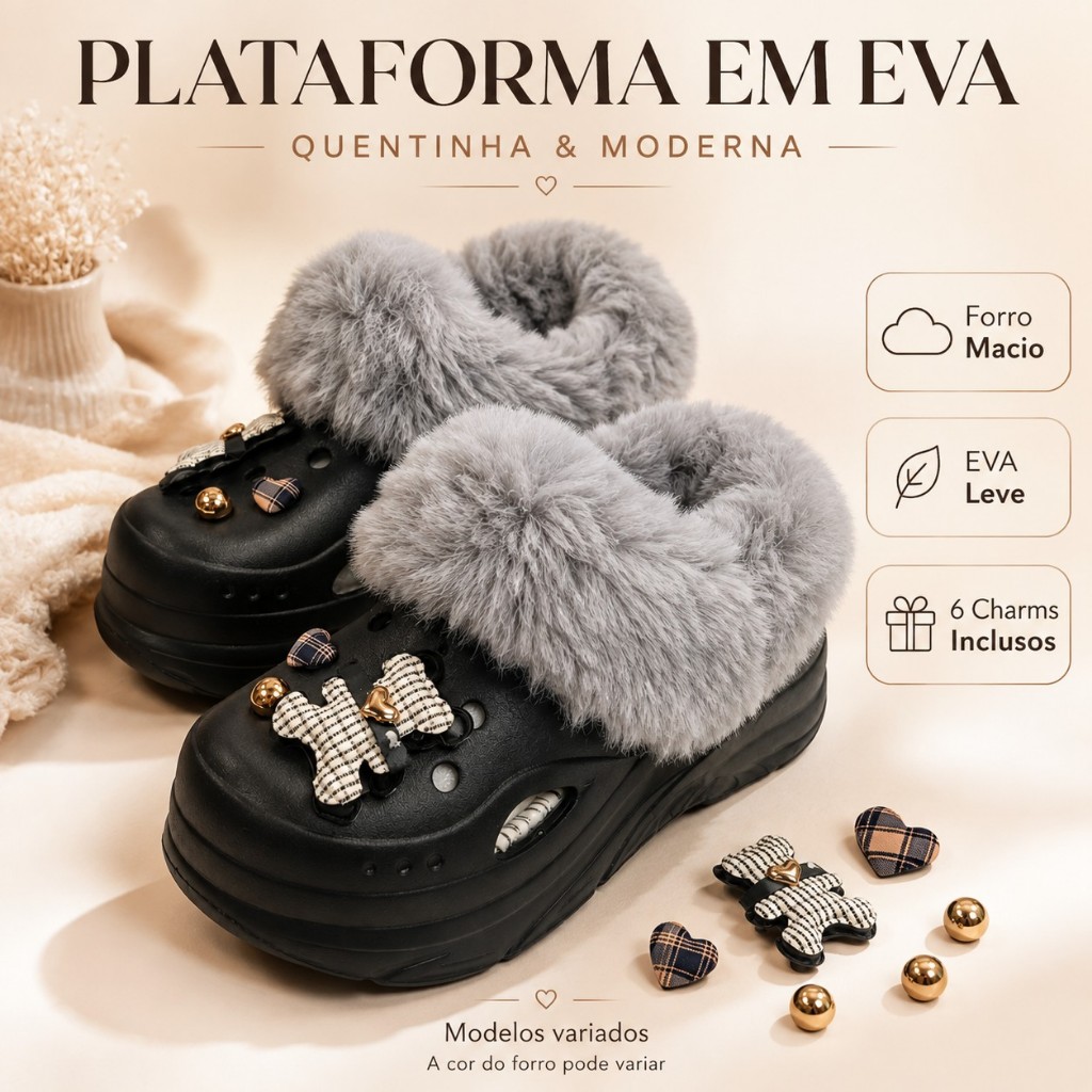 Sandália Feminina Plataforma em EVA com Forro Tipo Meia Peluciado Quentinha & Moderna + 6 Charms Decorativos Leve e Maci