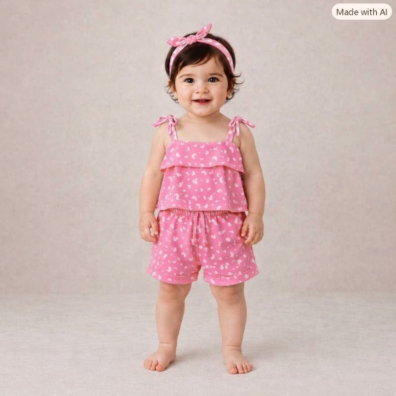 Conjunto Bebê 6 a 9 Meses Feminino – Blusa com Babado + Short Estampado – Roupa Infantil Verão