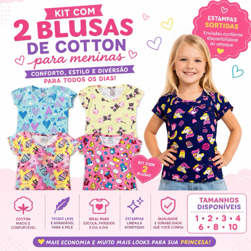 Kit 2 Camisetas Menina Infantil Cotton Meia Manga Menina 1 ao 10 Estampada Básica