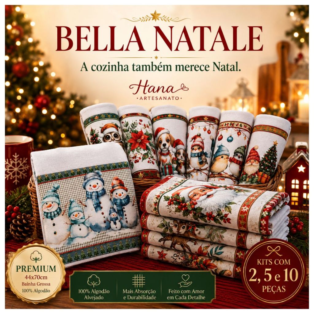 Kit Bella Natale Hana Artesanato – 2, 5 e 10 Panos de Prato Natalinos 44x70cm