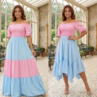 Vestido Chá Revelação Para Chá de Bebê Lastex Ciganinha  Manga Princesa Três Marias