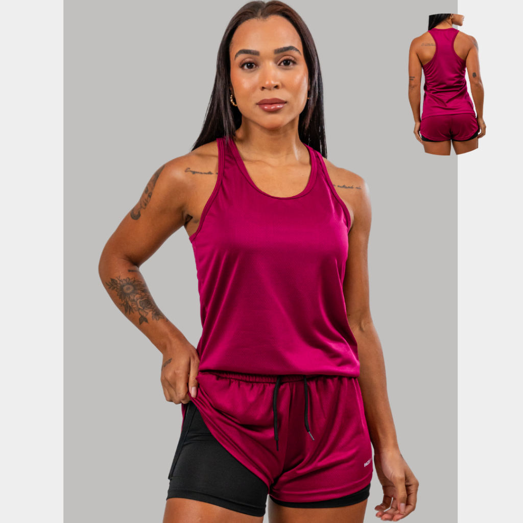 Conjunto Fitness Feminino Academia Regata Nadador+Short com Bermuda compressão Bolso Oculto Celular