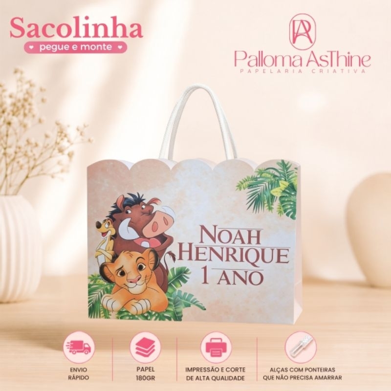 Sacolinha pegue/monte rei Leão lembrancinha personalizada aniversário 20x15x7cm