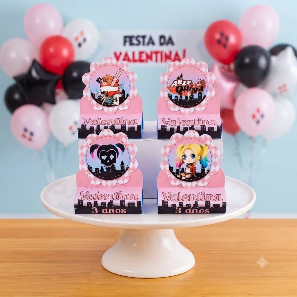 Caixinha Porta Bis Duplo Personalizada Arlequina Lembrancinha Festa Infantil Aniversário Nome Idade Tema Mimos