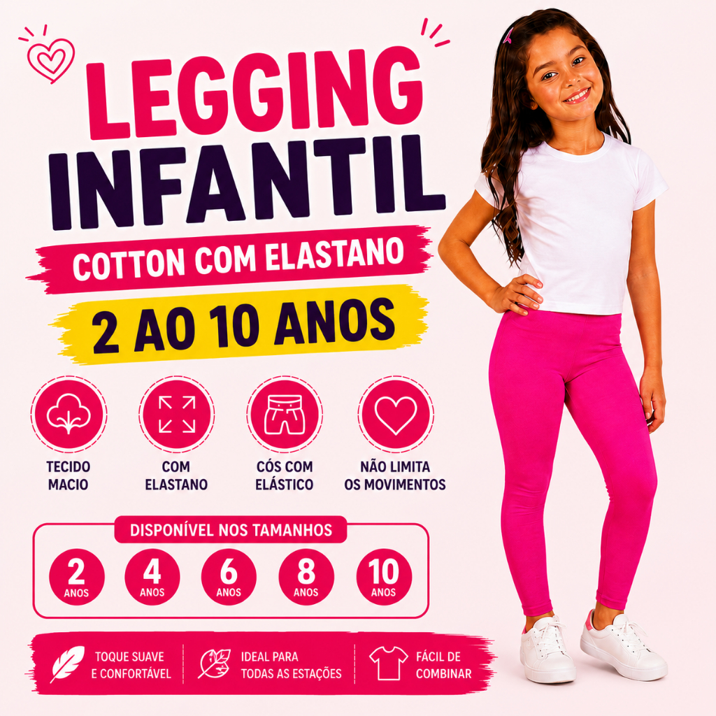 Calça Legging Infantil Cotton Rosa Pink 2, 4, 6, 8, 10 Anos Menina Confortável