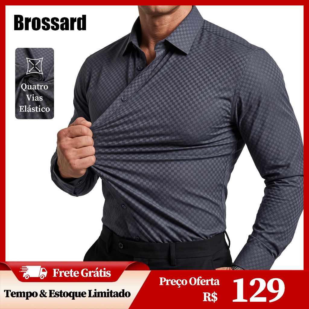 Camisa Social Masculina Slim Fit Elastano e Não Amassa, Blusa Manga Longa Xadrez Malha Visual Elegante · foto 2
