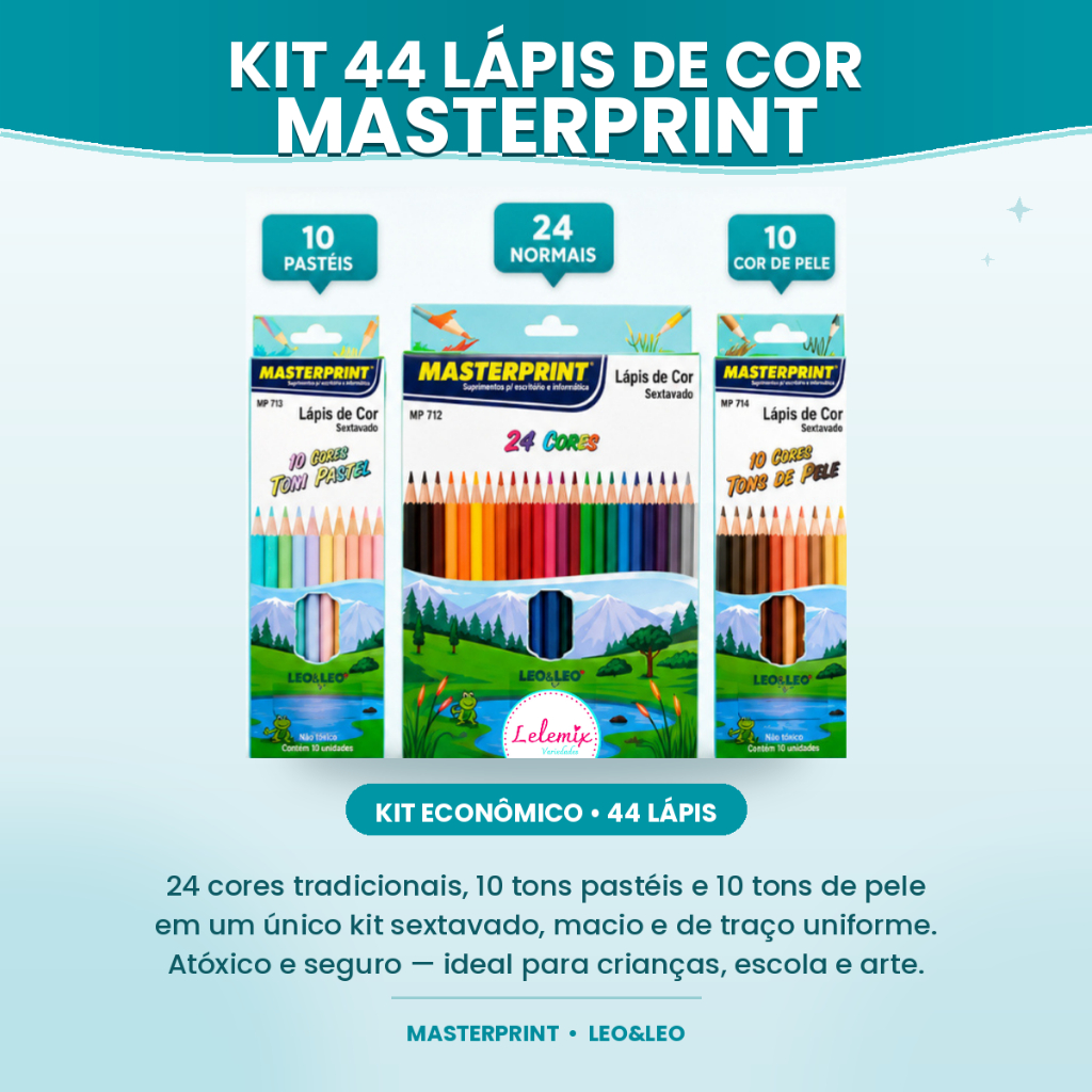 Kit 44 Lápis de Cor (24 Cores + 10 Cores Tom Pastel +10 Tom de Pele) Escolar Sextavado Masterprint