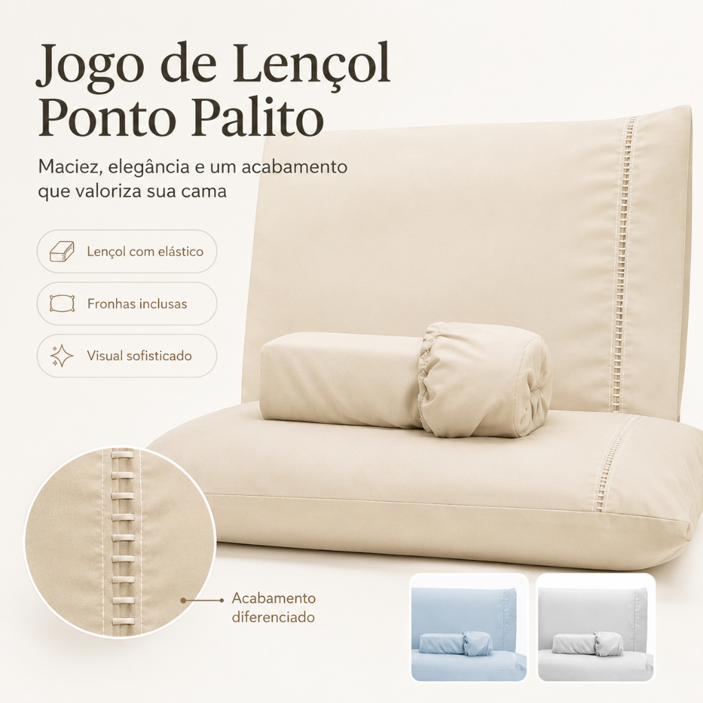 Jogo de Lençol Micropercal 400 Fios com Ponto Palito – Casal, Queen, King e Solteiro Confortável