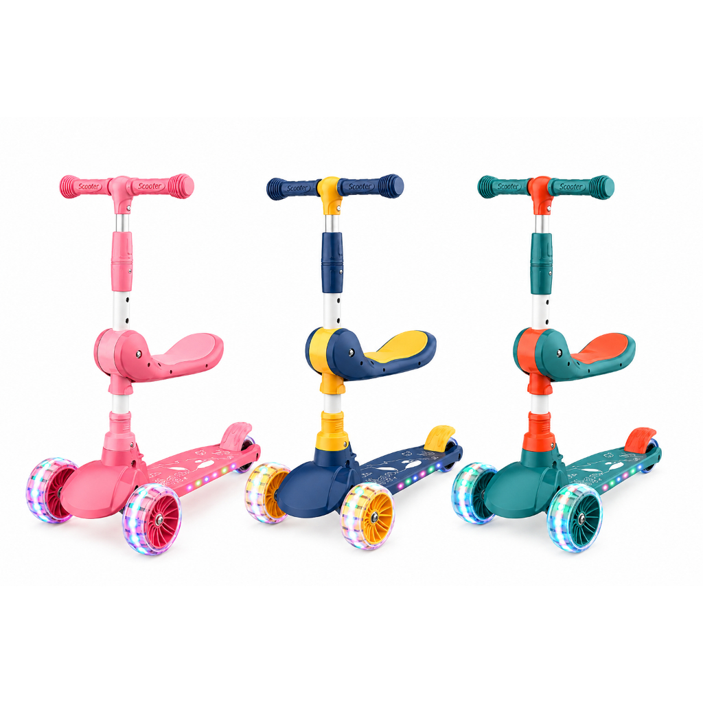 Patinete Infantil com Led Som Musical Dobravel e Guidão Ajustável até 60Kg Menino Menina 3 Rodas 3 4 5 6 Anos Presente