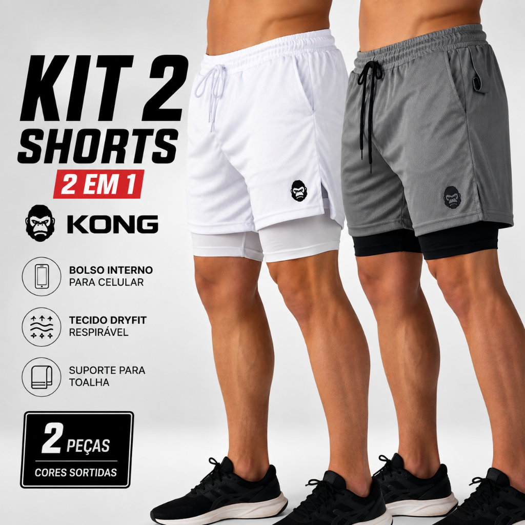 Kit 2 Shorts Kong 2 em 1 Fitness Masculino Forro de MicroFibra com Elastano