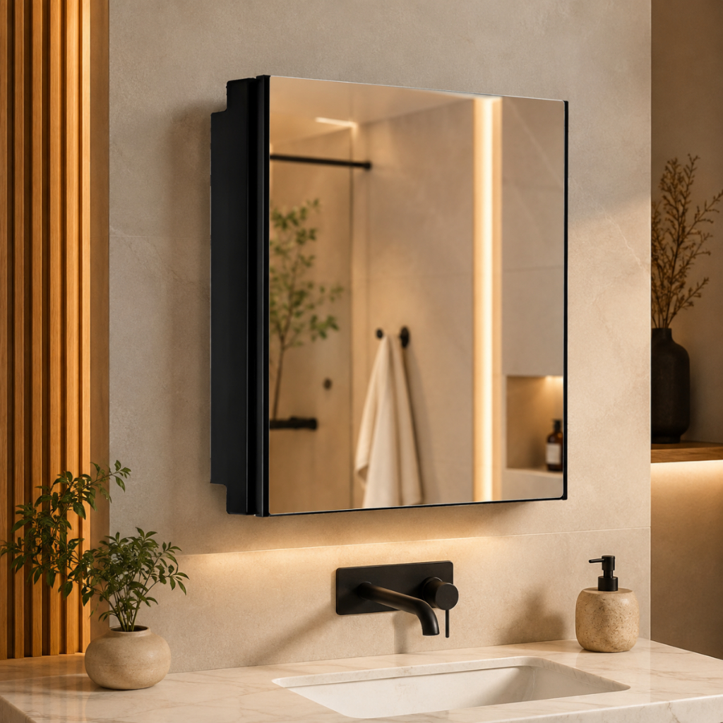 Armário De Embutir Astra A41 Preto Com Espelho Para Banheiro Lavabo Organizador Compacto De Parede