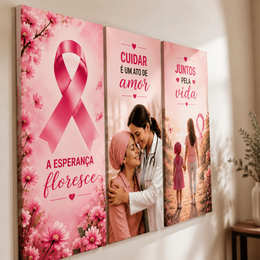 Quadro Decorativo Outubro Rosa Laço Rosa Câncer de Mama Clínica Consultório Hospital Oncologia