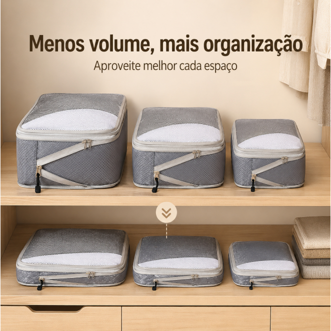 Kit 3 Organizadores Compressíveis P M G para Mala e Guarda-Roupa Bolsa Organizadora de Roupas com Tela Zíper e Alça