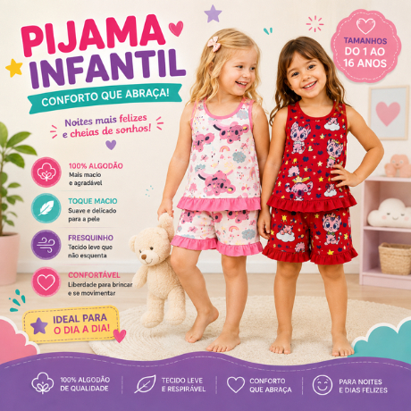 Pijama Menina Malha 100% Algodão Baby Doll Feminino Verão Confortável Estampado 1 ao 16 anos