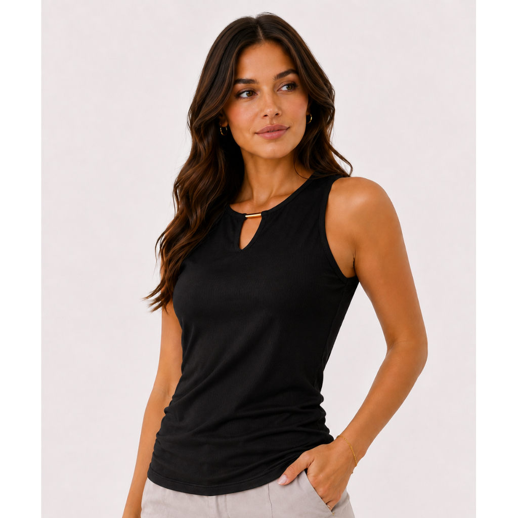 Blusa Feminina Regata Canelada Básica Decote V Estilosa Elegante