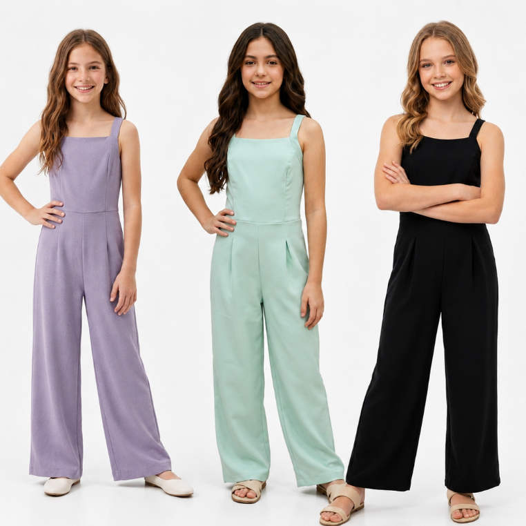 Macacão Feminino Juvenil com Alcinha e Calça Pantalona Tecido Leve com as Cores do Verão