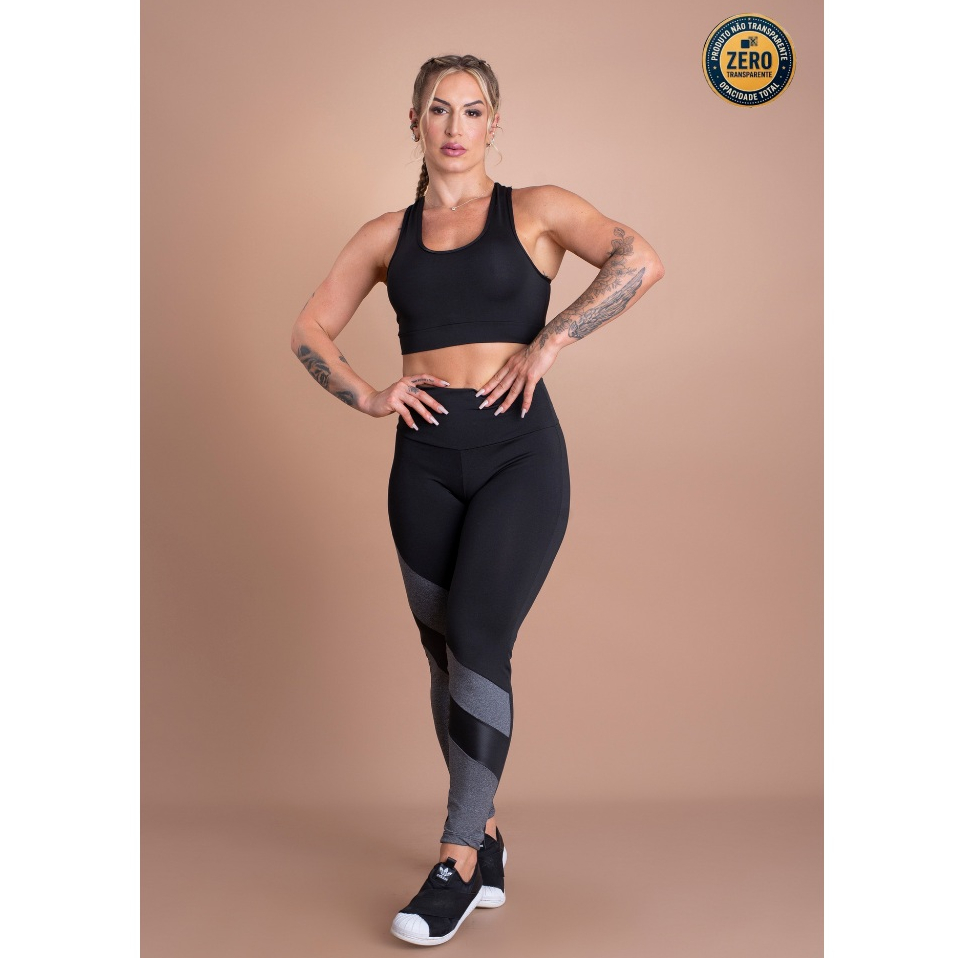 Conjunto Fitness Feminino Calça Legging Detalhe Moda E Top Nadador Básico Sustentação Academia ZERO TRANSPARÊNCIA