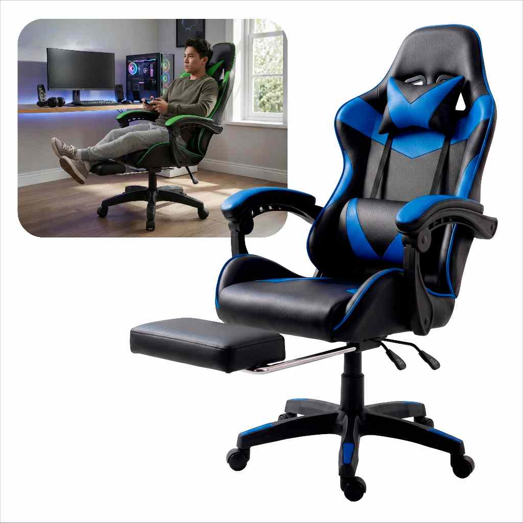 Cadeira Gamer Ergonômica Classic Cor Azul Com Apoio de Pés Em Couro Reclinável A