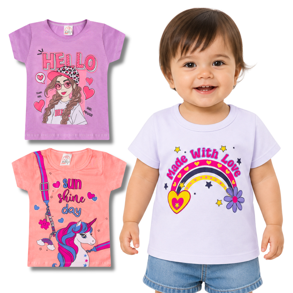 Kit 2 Camisetas Femininas Infantil e Juvenil Manga Curta Estampadas Sortidas do Tamanho 1 ao 14