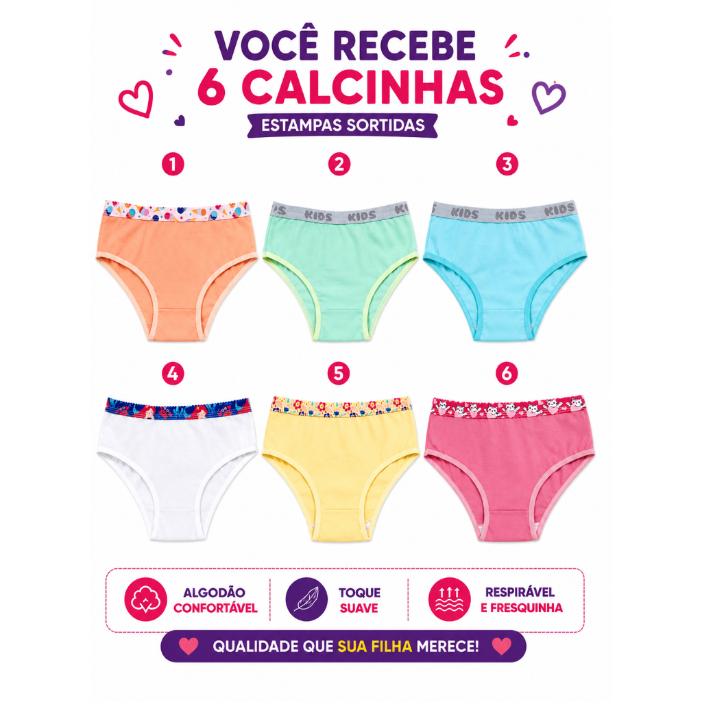 Kit 6 Calcinhas Infantil Cotton Algodão Lisas Variadas Confortável
