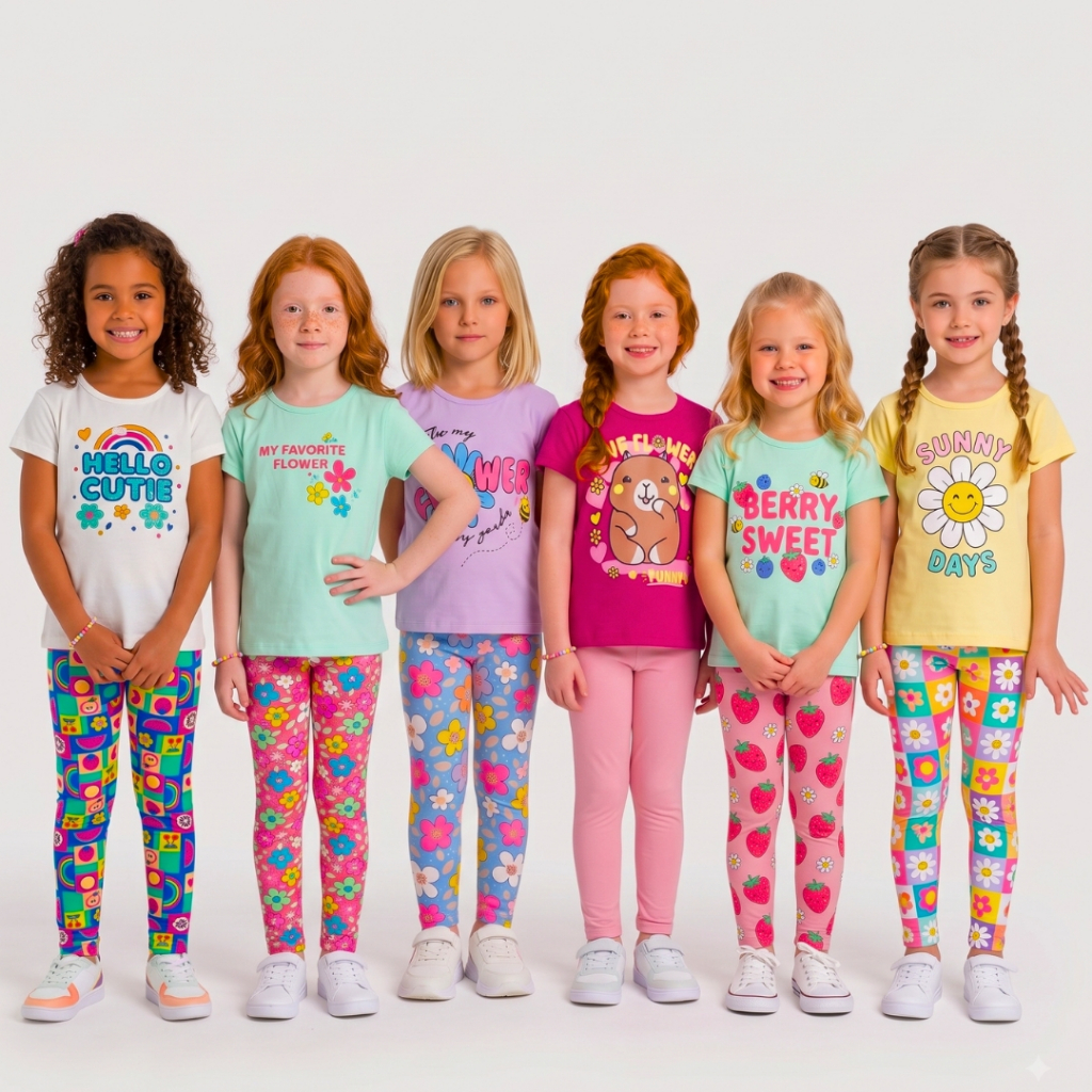 Kit 12 Peças Roupa Feminina Infantil Verão 6 Calça Legging Menina 6 Camiseta Lisa e Estampada em Algodão 1 ao 16
