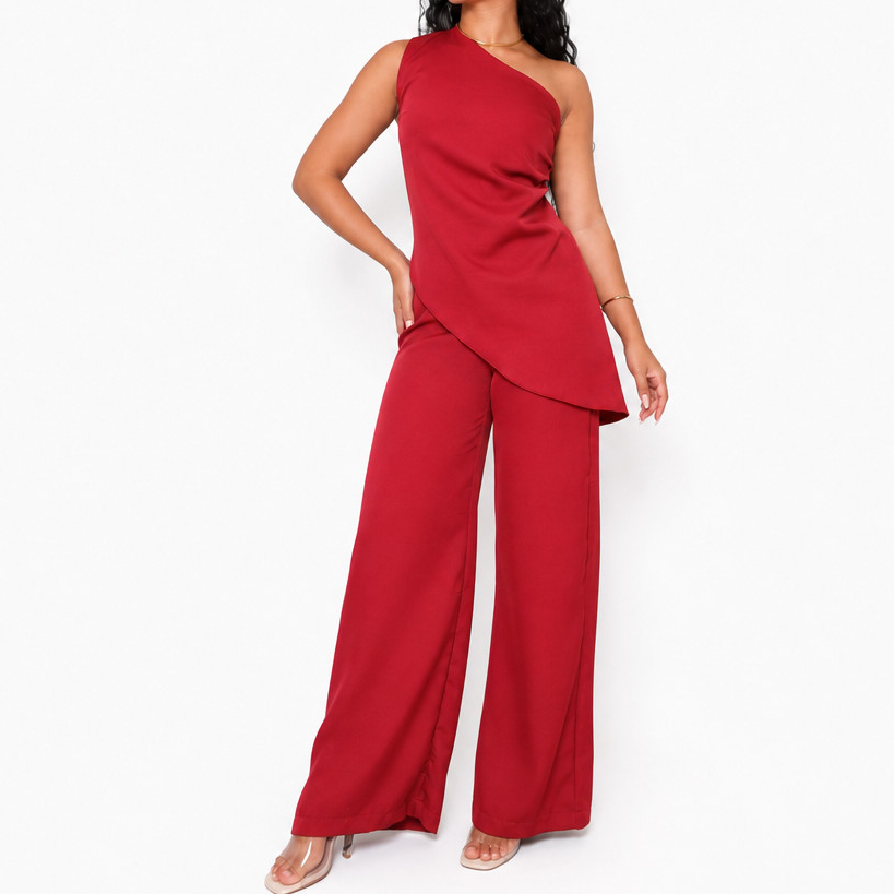 Conjunto Feminino Alfaiataria Calça Pantalona Blusa Assimétrica Um Ombro Só Mula Manca Festa Elegante Luxo Vinho