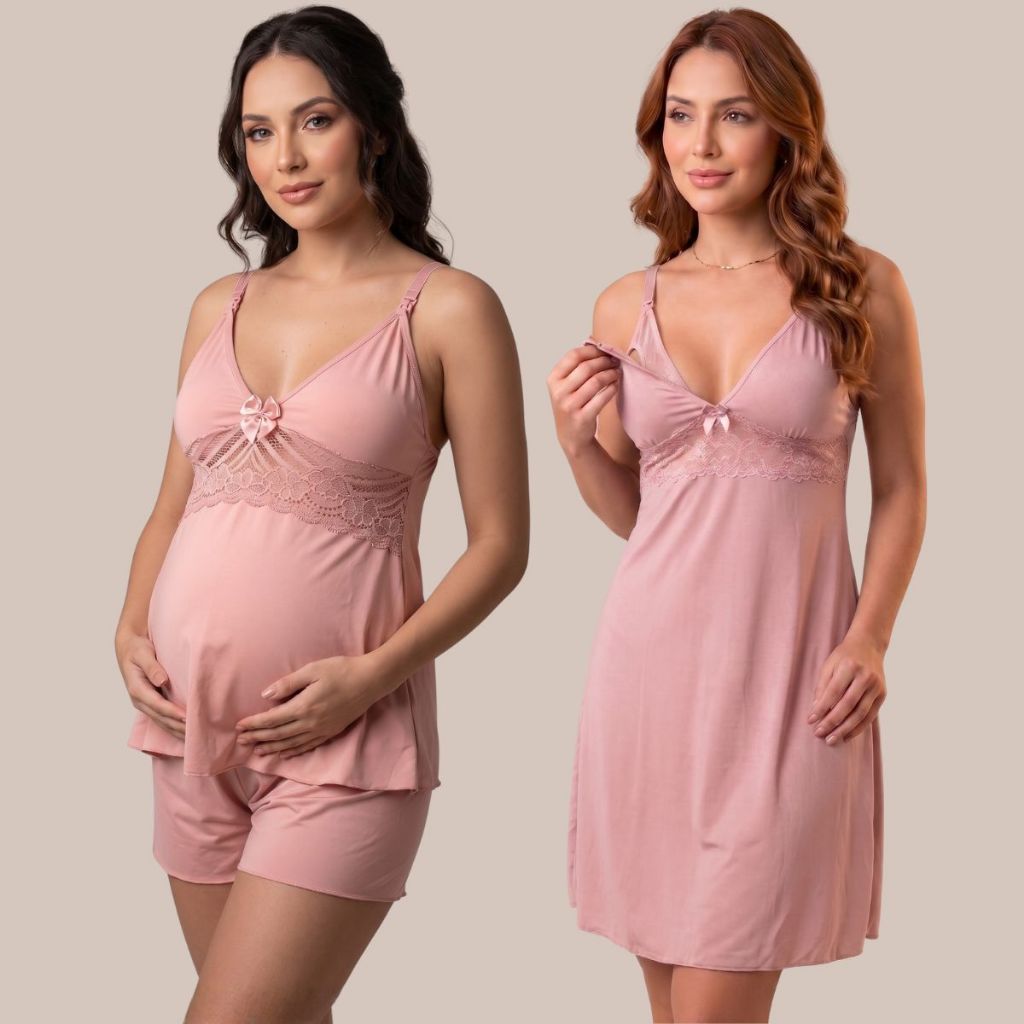 KIT Short Doll Curto amamentação + CAMISOLA amamentação com abertura em clique e detalhes em renda