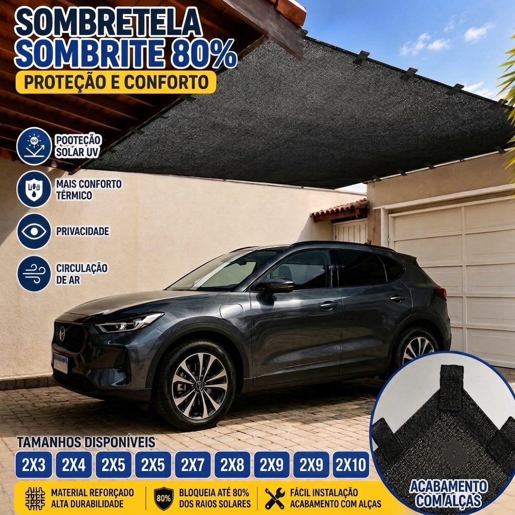 Sombretela Sombrite 80% 2x4 2x5 2x6 2x7 2x8 Cobertura Garagem Carro Moto Proteção Solar UV C/ Alças