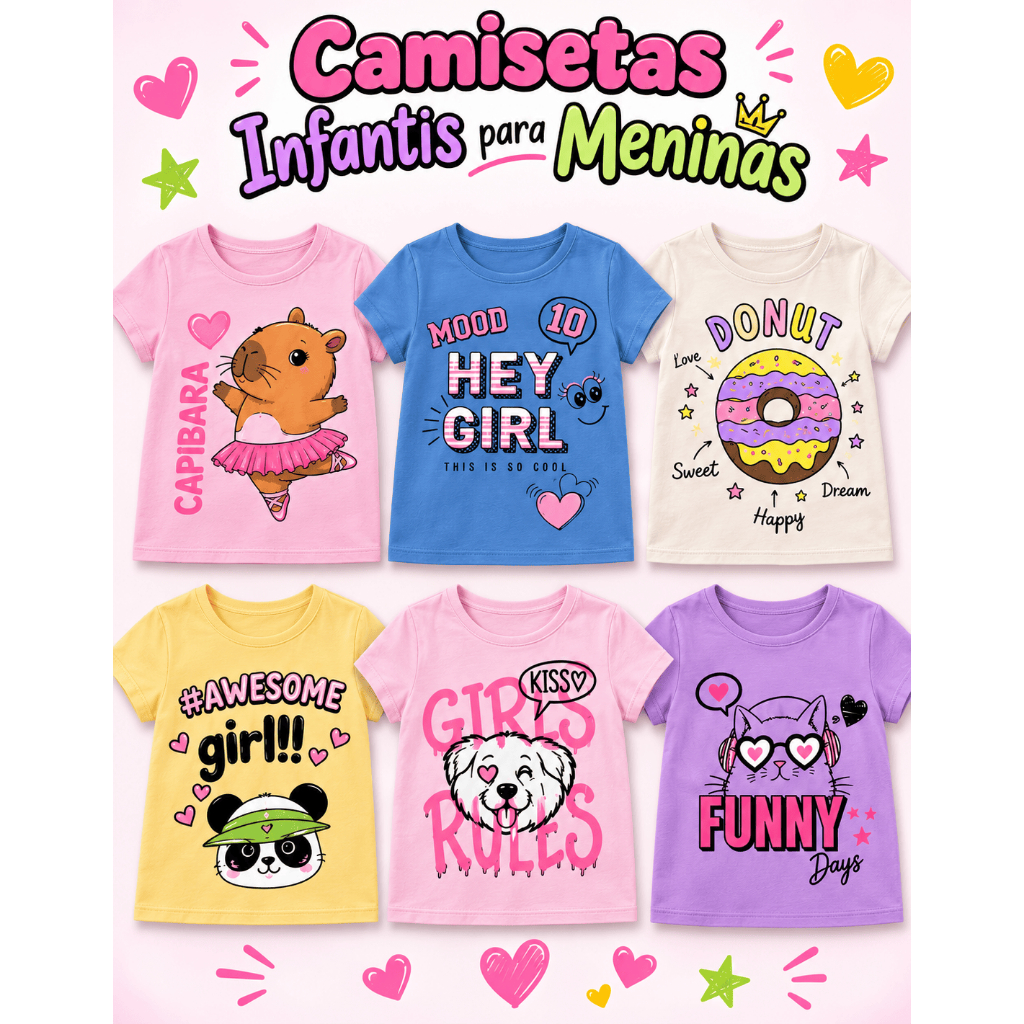 Kit 3 camisetas Infantil MeninA SORTIDO Manga estampada