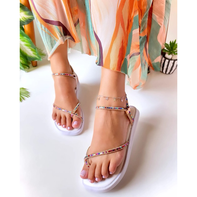 Sandália Feminina Flatform Com Pedrarias Coloridas Brilho Confortável