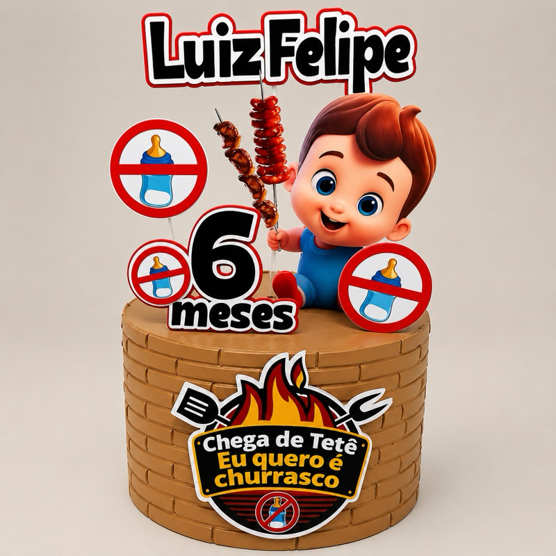 topo topper de bolo MENINA OU MENINO  mesversario chega de tete quero churrasco